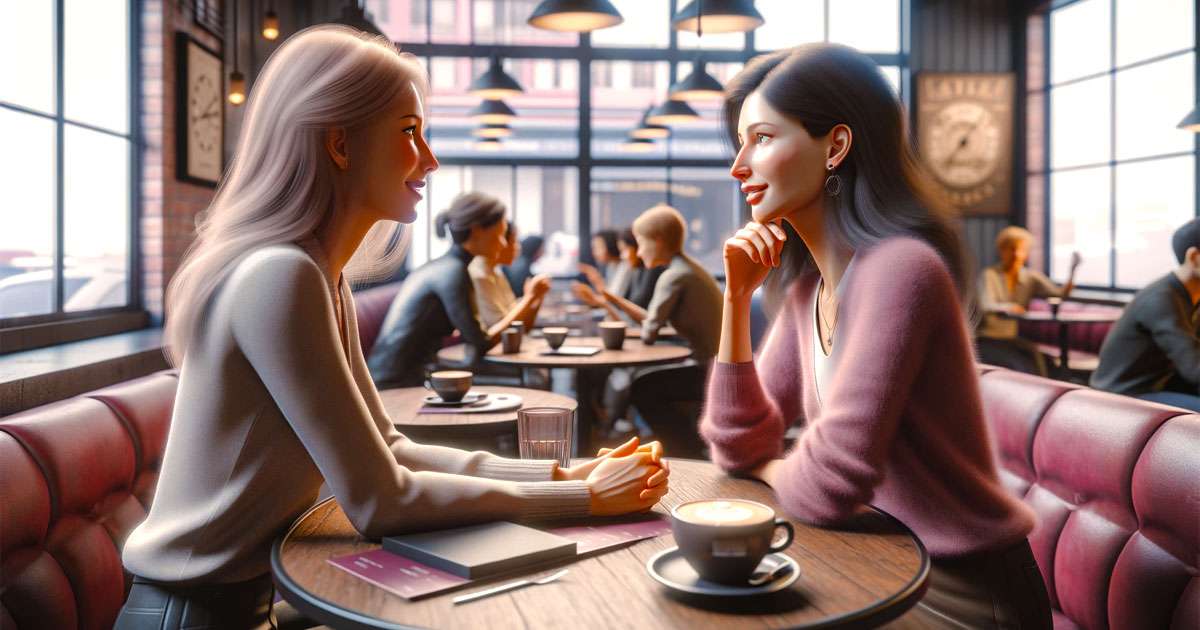 Image of two women engaged in a friendly and professional conversation in a coffee shop.