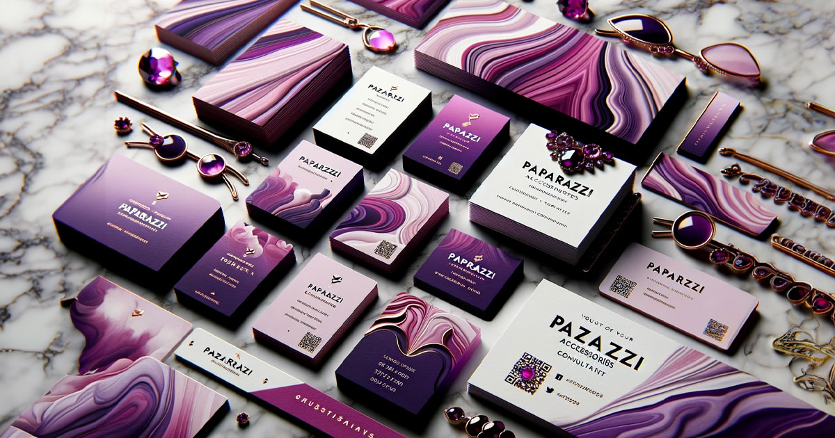 An elegant and impactful visual featuring a collection of beautifully designed business cards for Paparazzi Accessories consultants spread out on a luxury marble counter top.