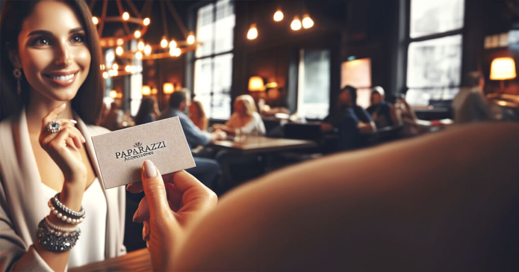 An image showcasing a confident woman, a Paparazzi Accessories consultant, handing out her stylish business card to a potential customer during a casual conversation at a local coffee shop.