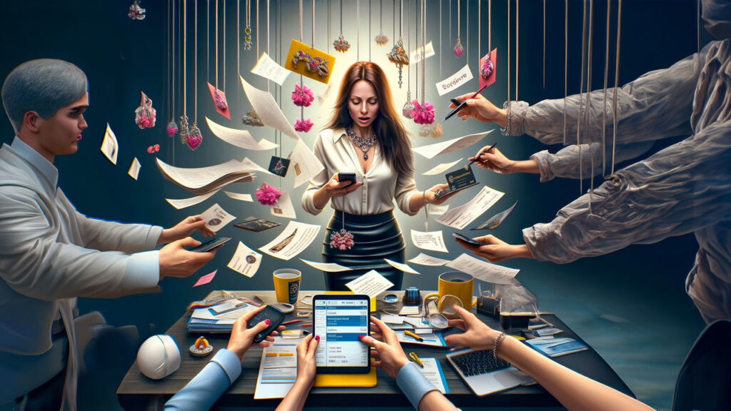 An image of a Networking Scenario featuring a female jewelry sales consultant showing her overwhelmed with time management.
