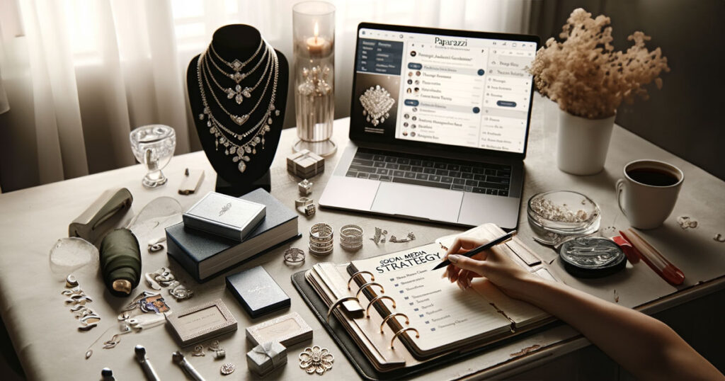 A creative and inspiring visual of a Paparazzi Accessories consultant planning her day with a focus on networking and growth. The image features a well lit desk with a social media website and the consultant planning her marketing strategy for her new line of jewelry.