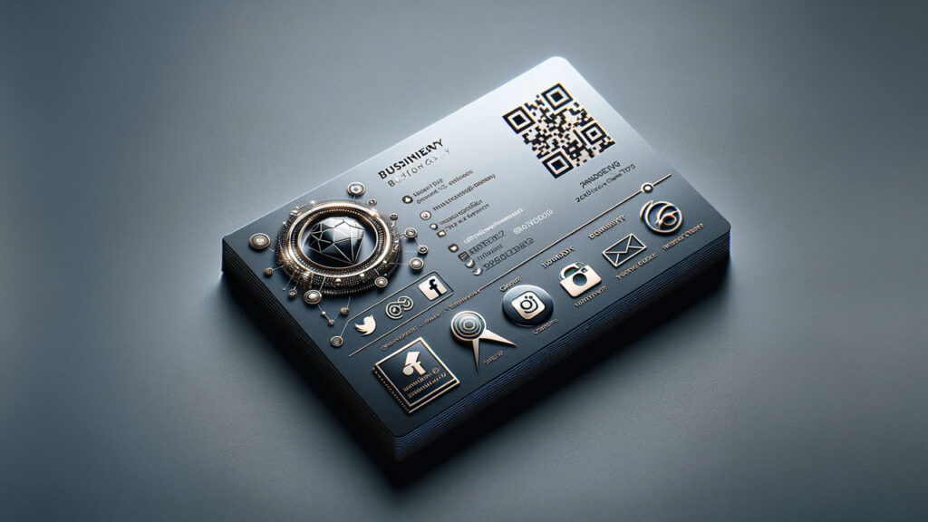 An image showing a detailed close-up of a business card. The business card features smart design elements including a QR code, social media logos, geared for a jewelry sales person.